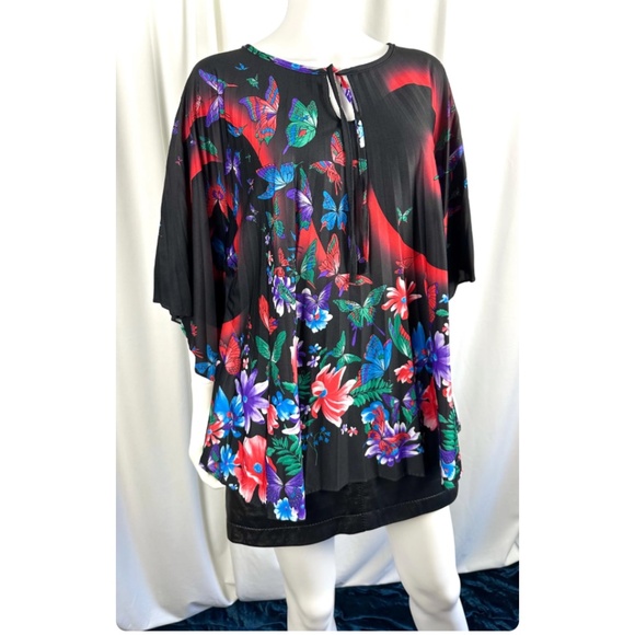 Vintage 70’s ‘Ms Tops of California Inc’ Floral Butterfly Kaftan Cape Blouse M/L - Picture 3 of 10